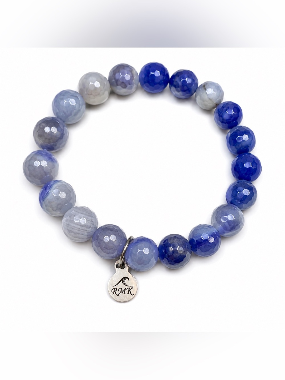 RMK Blue Gray Faceted Agate Gemstone Beaded Stretch Bracelet
